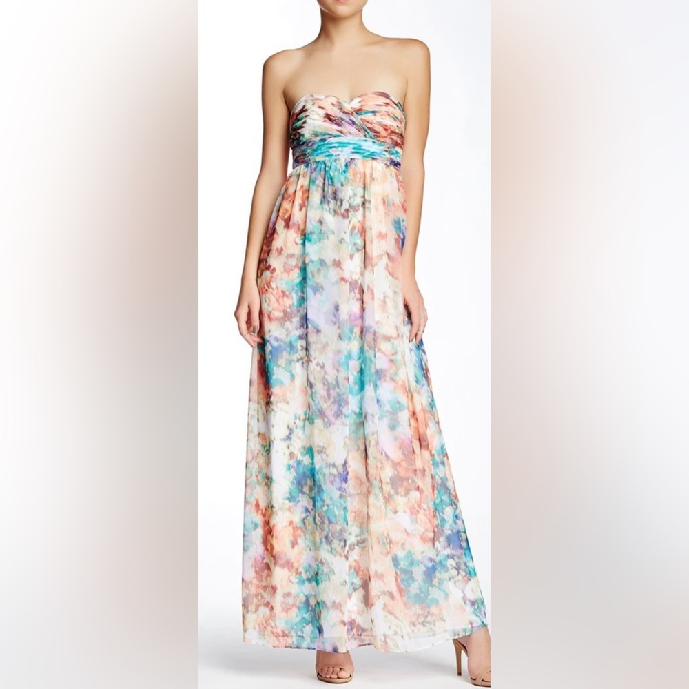 Aidan Maddox Strapless Sweetheart Pleated Watercolor Chiffon Dress Gown Formal 8